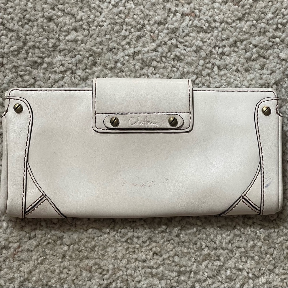 Cole Haan Cream Leather studded kiss-lock clutch purse
